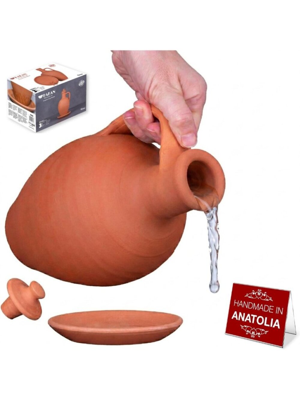 Natural Clay Water Pitcher Set | Unglazed Terracotta Carafe & Plate | Handmade
